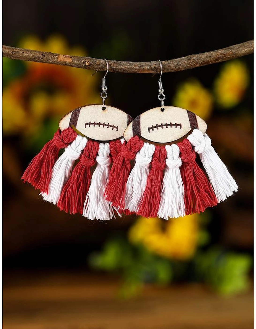 Red Rugby Shape Color Block Braided Tasseled Drop Earrings, 3 of 2