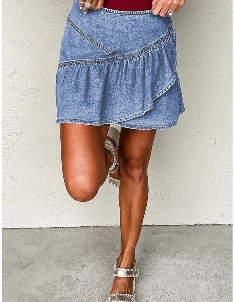 Beau Blue Asymmetric Ruffle Overlay Denim Mini Skirt