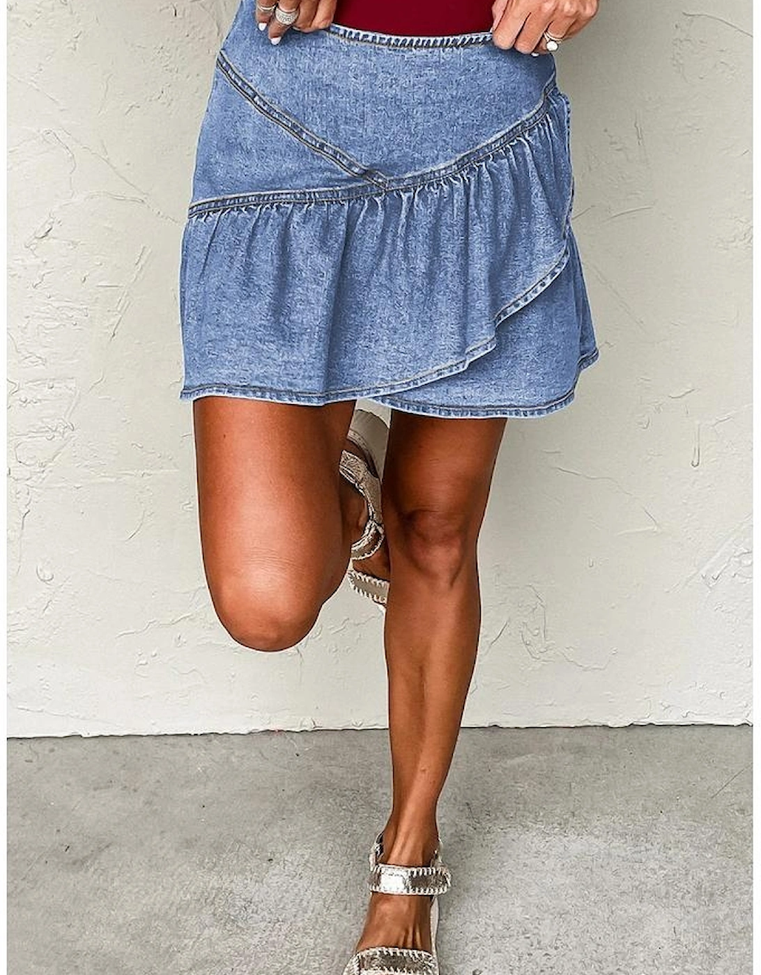 Beau Blue Asymmetric Ruffle Overlay Denim Mini Skirt