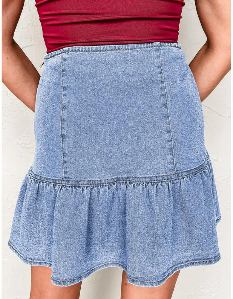 Beau Blue Asymmetric Ruffle Overlay Denim Mini Skirt