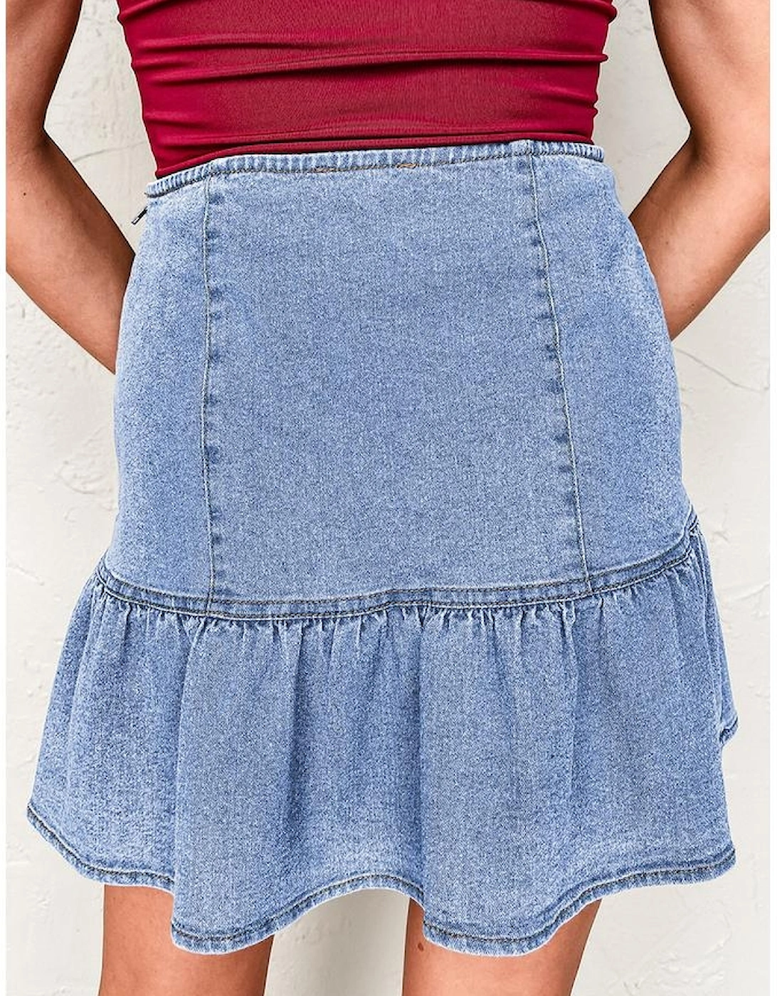 Beau Blue Asymmetric Ruffle Overlay Denim Mini Skirt, 12 of 11