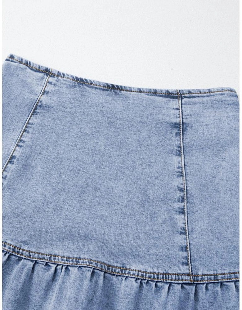 Beau Blue Asymmetric Ruffle Overlay Denim Mini Skirt