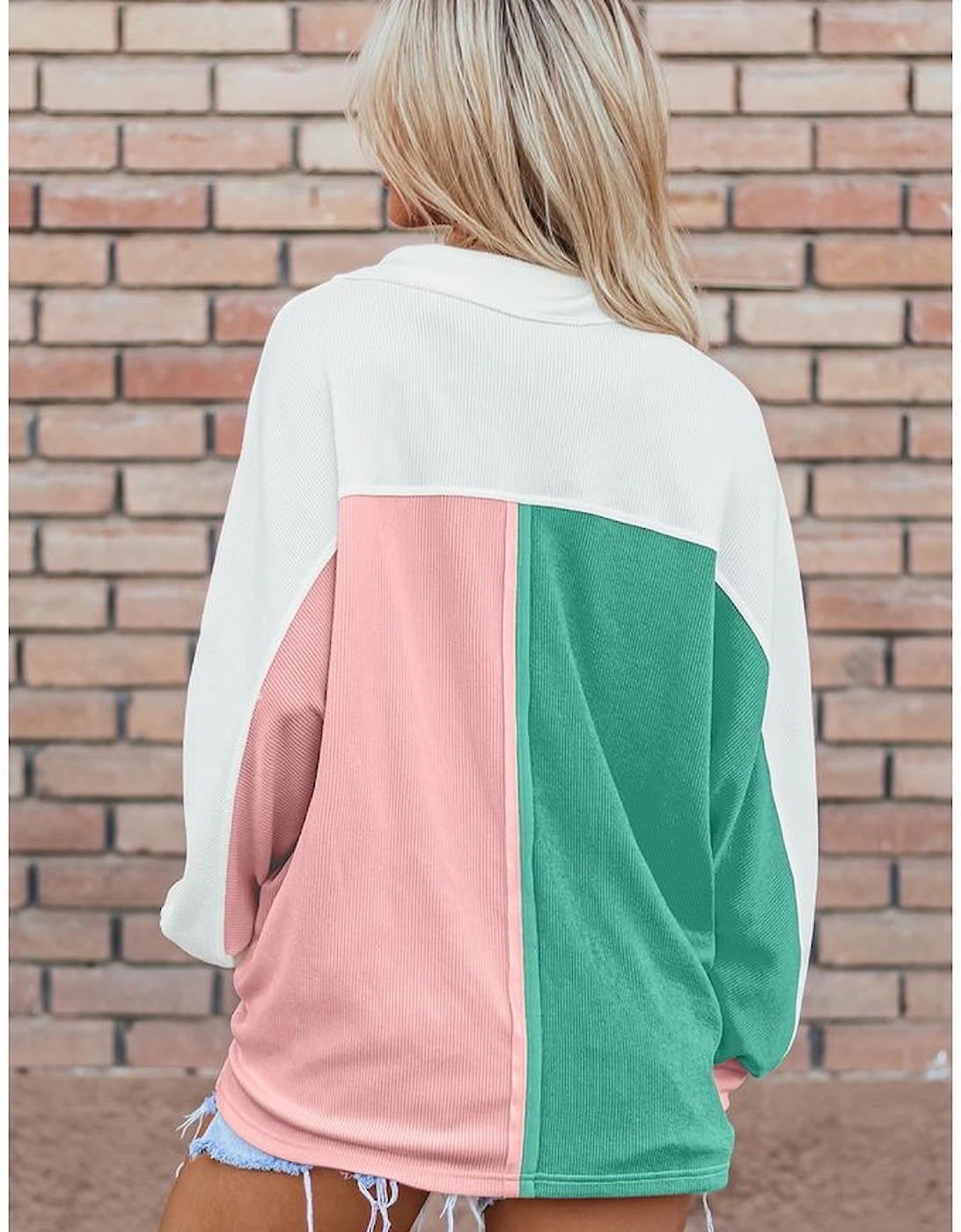 Pink Colorblock Ribbed Collared Oversized Sweatshirt