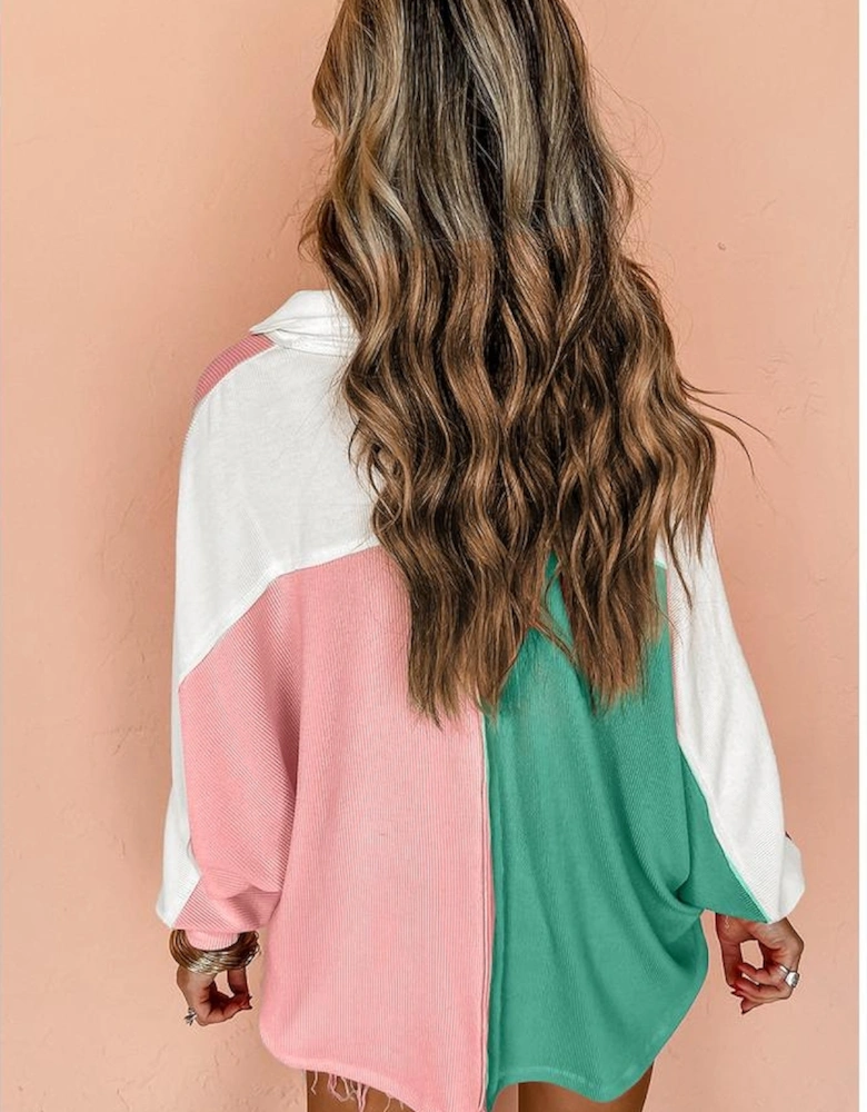 Pink Colorblock Ribbed Collared Oversized Sweatshirt