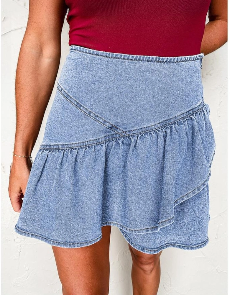Beau Blue Asymmetric Ruffle Overlay Denim Mini Skirt