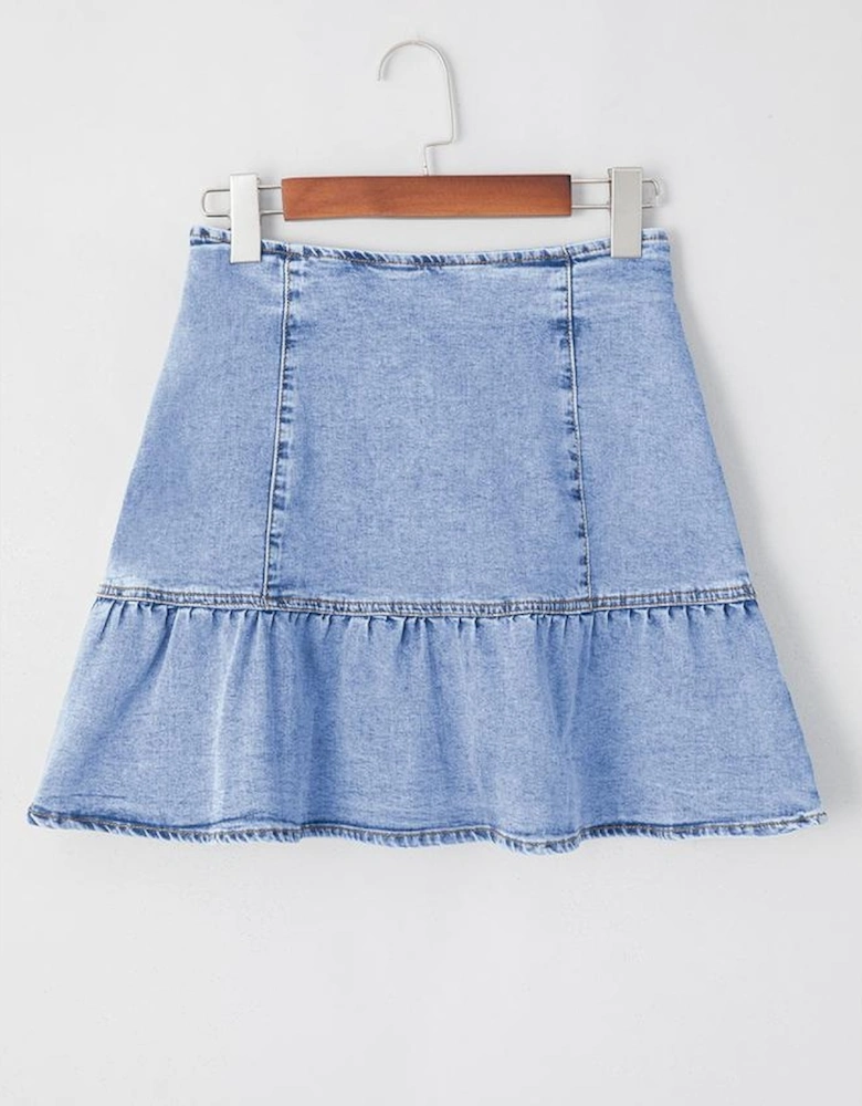 Beau Blue Asymmetric Ruffle Overlay Denim Mini Skirt