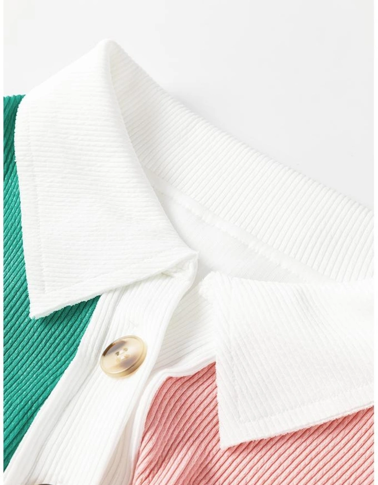 Pink Colorblock Ribbed Collared Oversized Sweatshirt