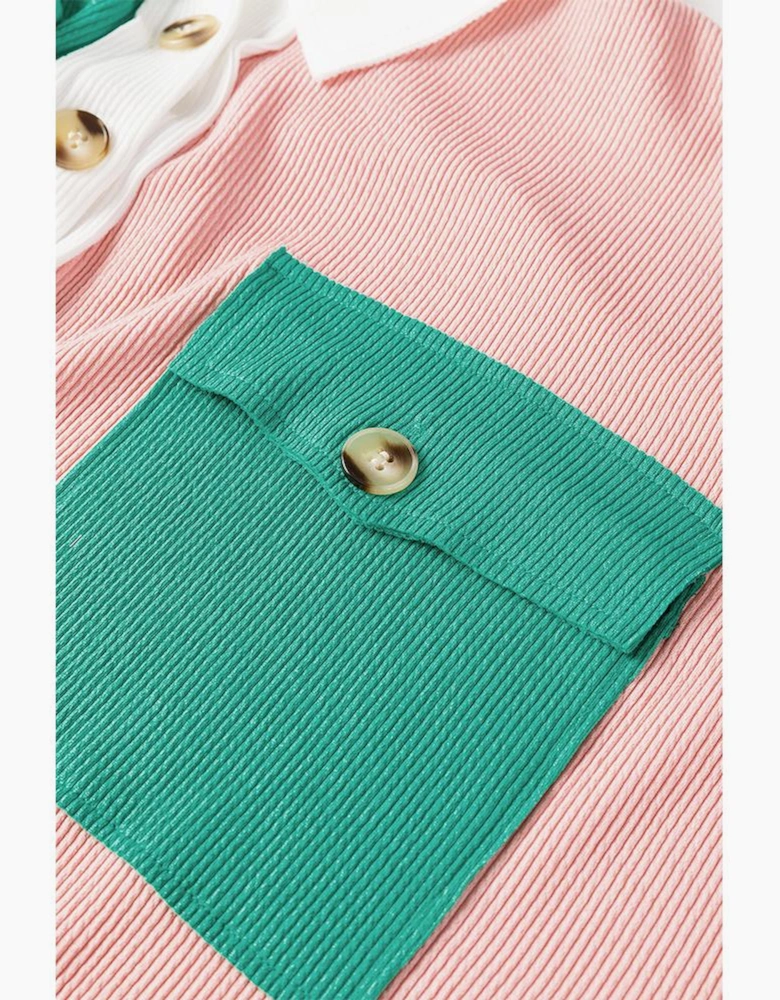 Pink Colorblock Ribbed Collared Oversized Sweatshirt