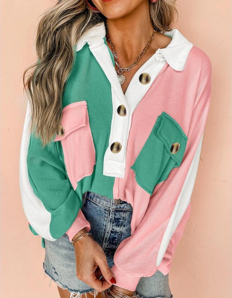 Pink Colorblock Ribbed Collared Oversized Sweatshirt