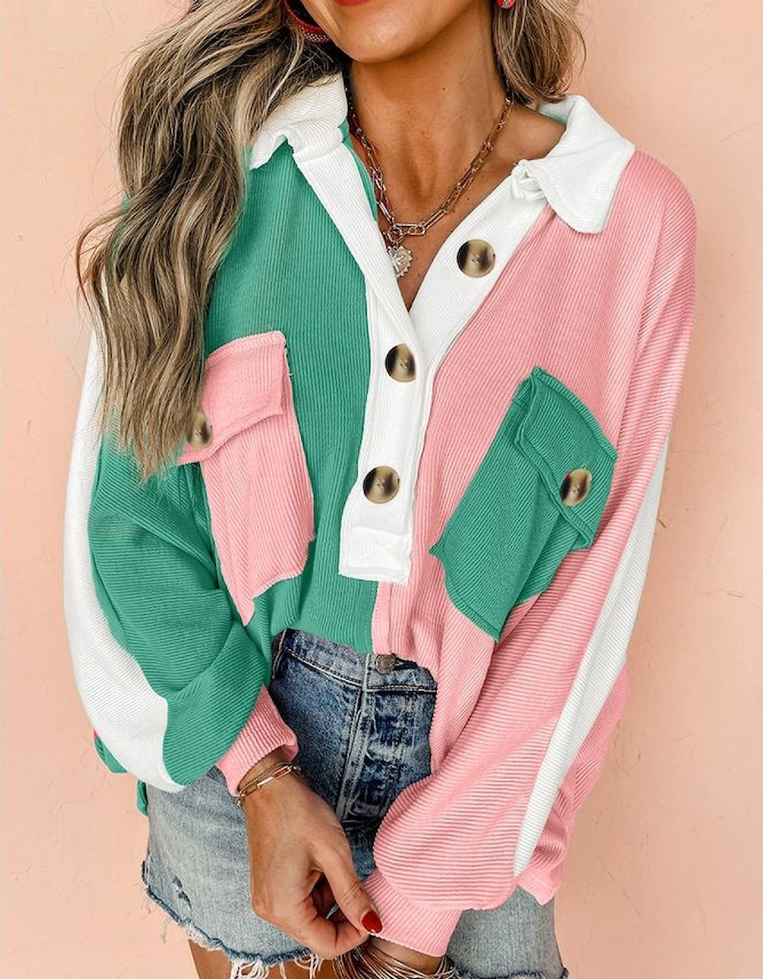 Pink Colorblock Ribbed Collared Oversized Sweatshirt, 14 of 13