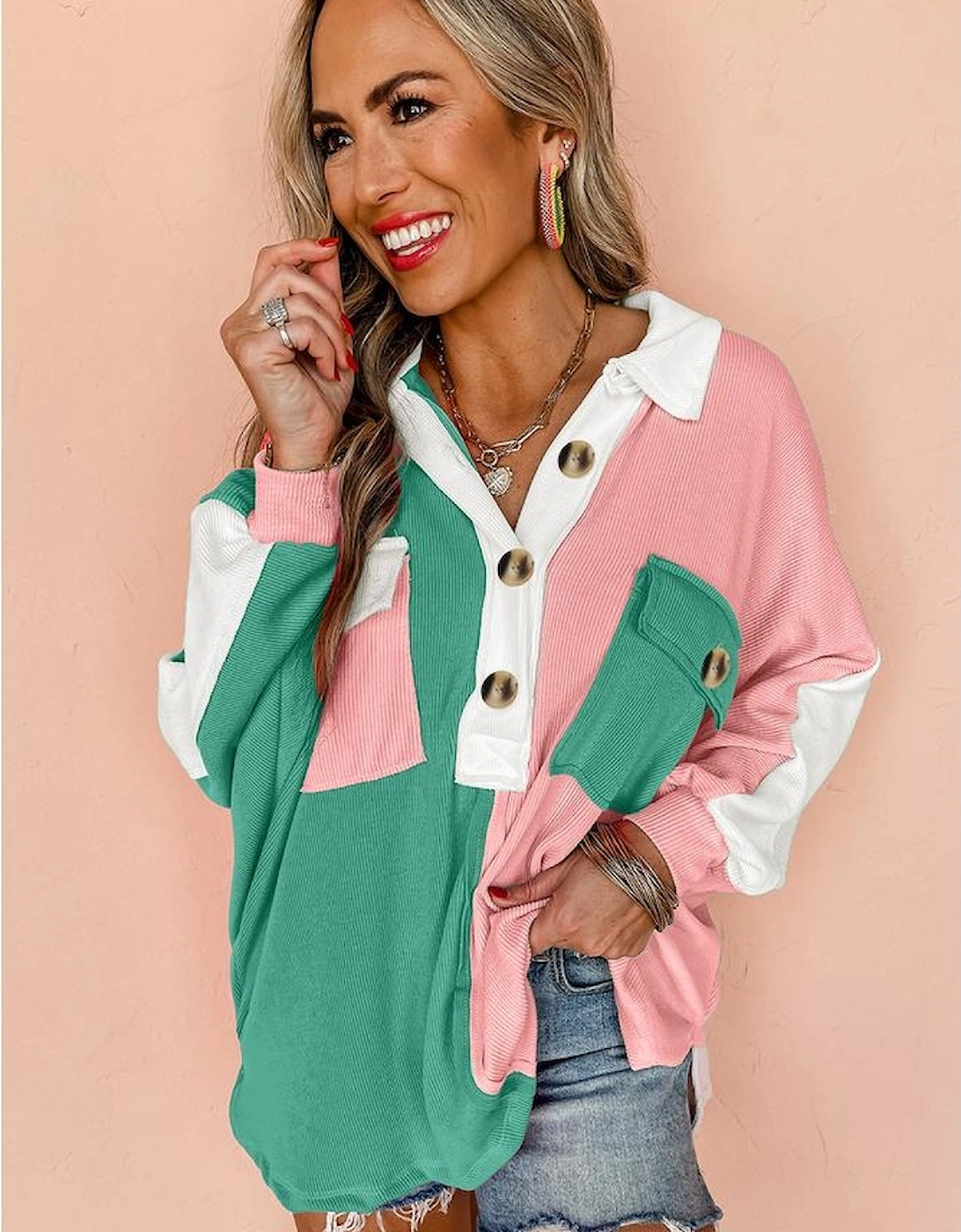 Pink Colorblock Ribbed Collared Oversized Sweatshirt