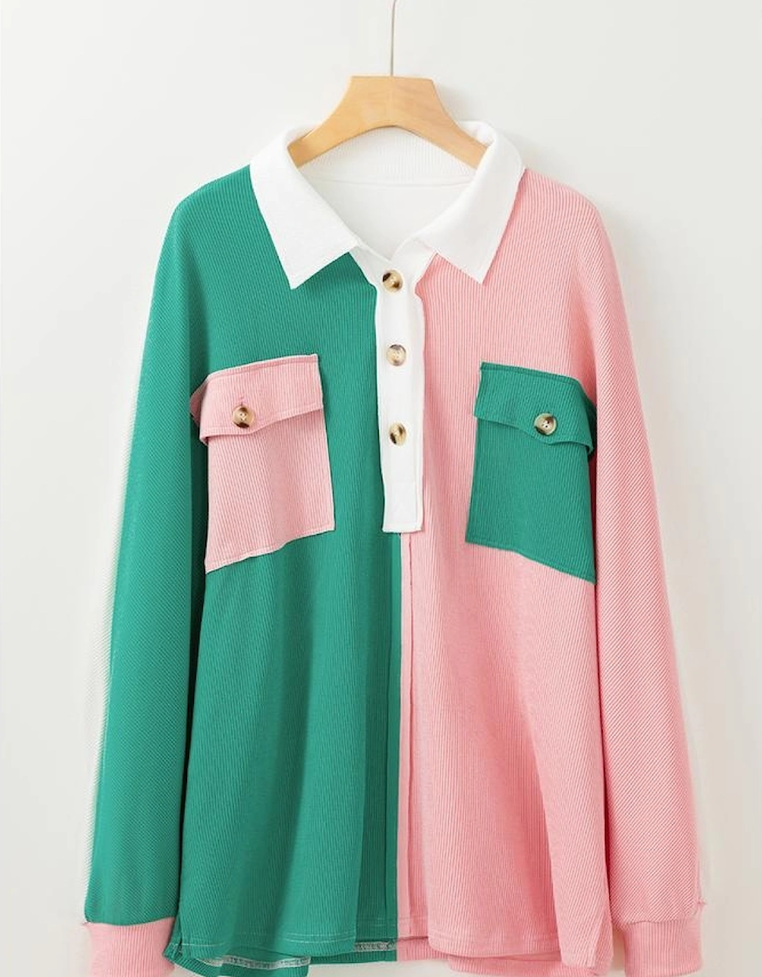 Pink Colorblock Ribbed Collared Oversized Sweatshirt