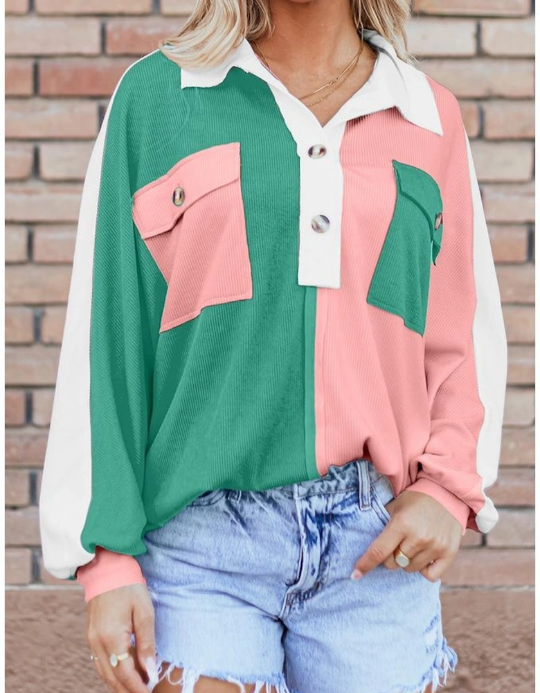 Pink Colorblock Ribbed Collared Oversized Sweatshirt