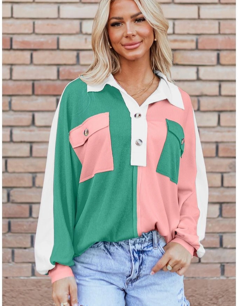 Pink Colorblock Ribbed Collared Oversized Sweatshirt