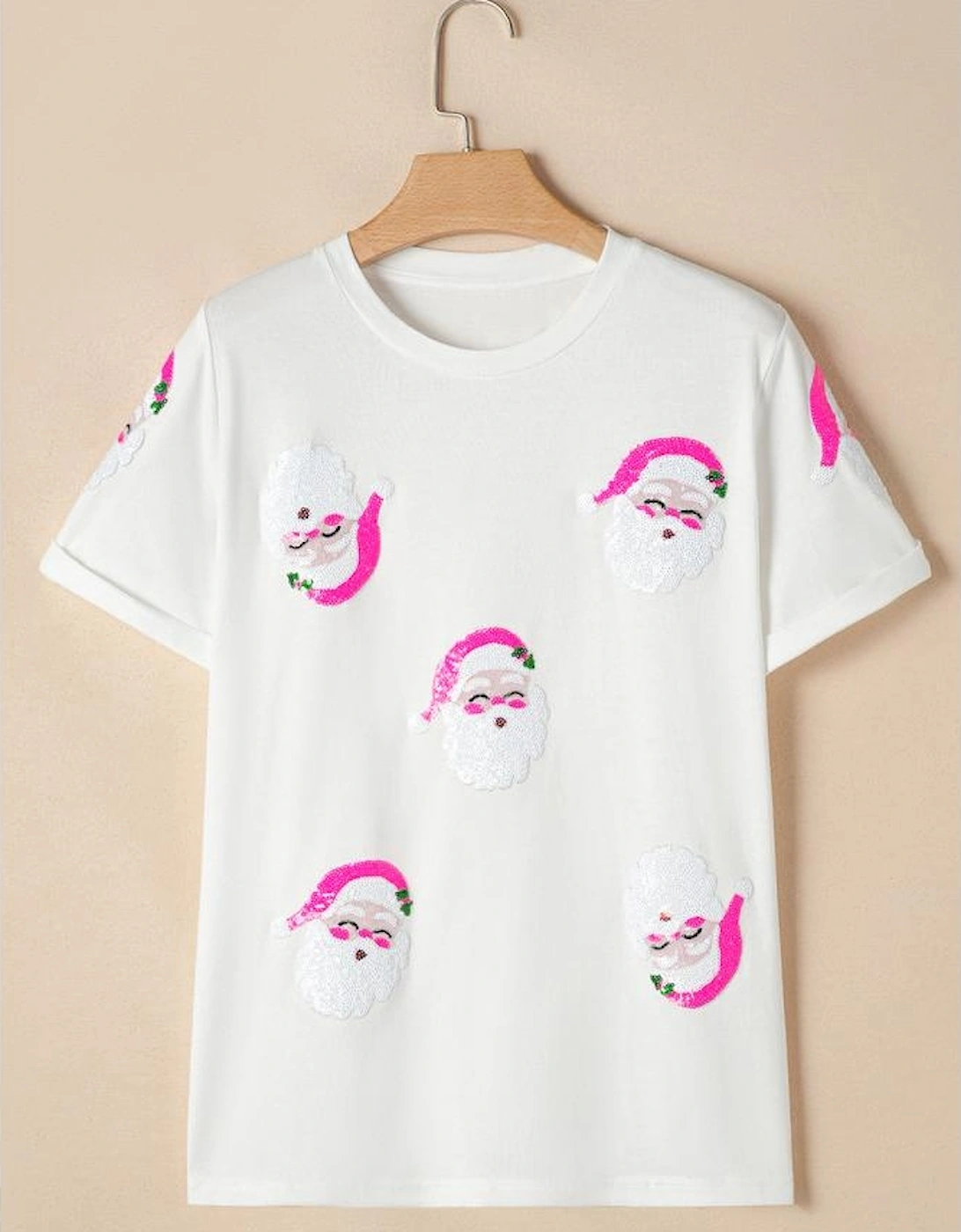 Azura Exchange White Sequin Santa Clause Pattern Funny Christmas T Shirt