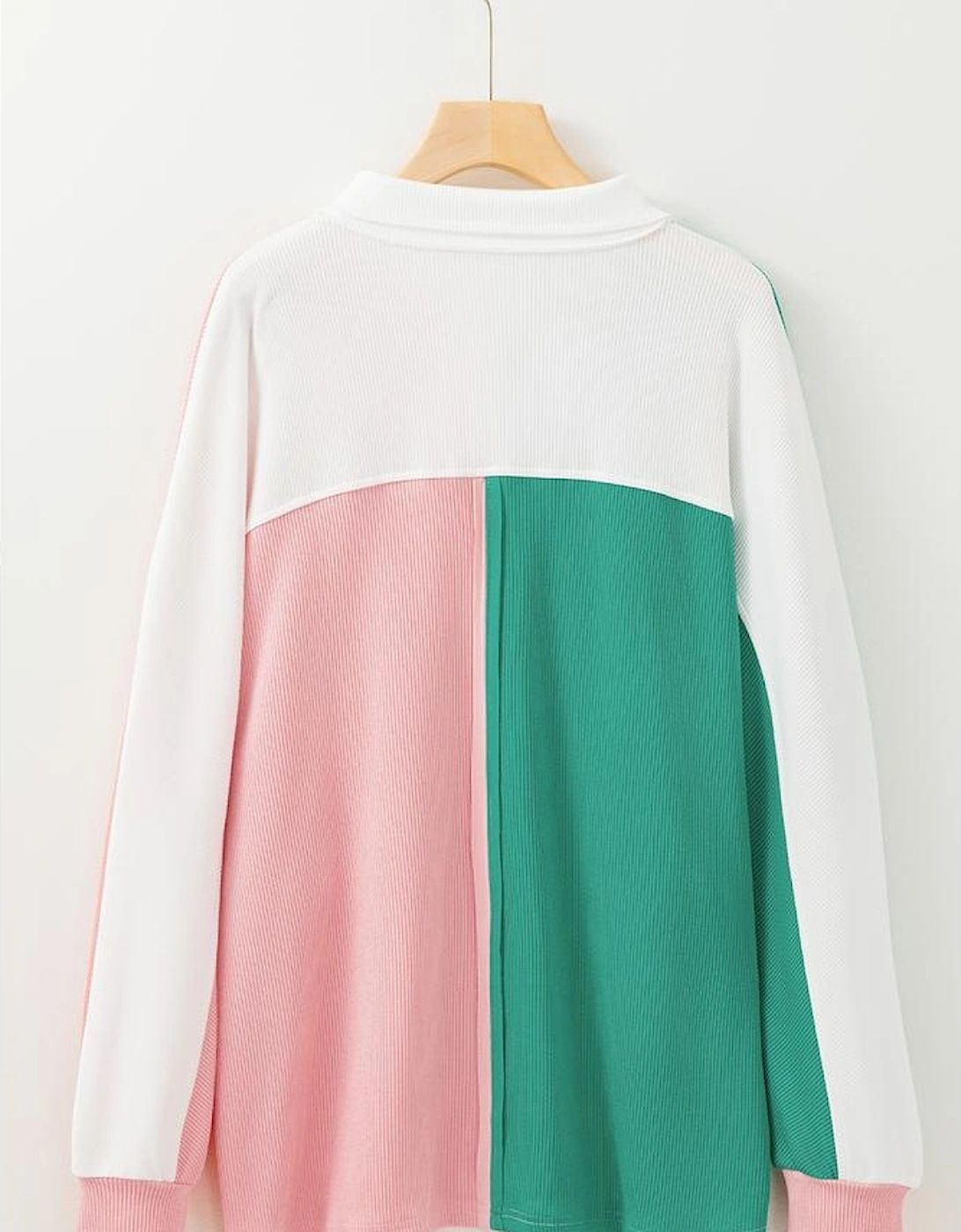 Pink Colorblock Ribbed Collared Oversized Sweatshirt