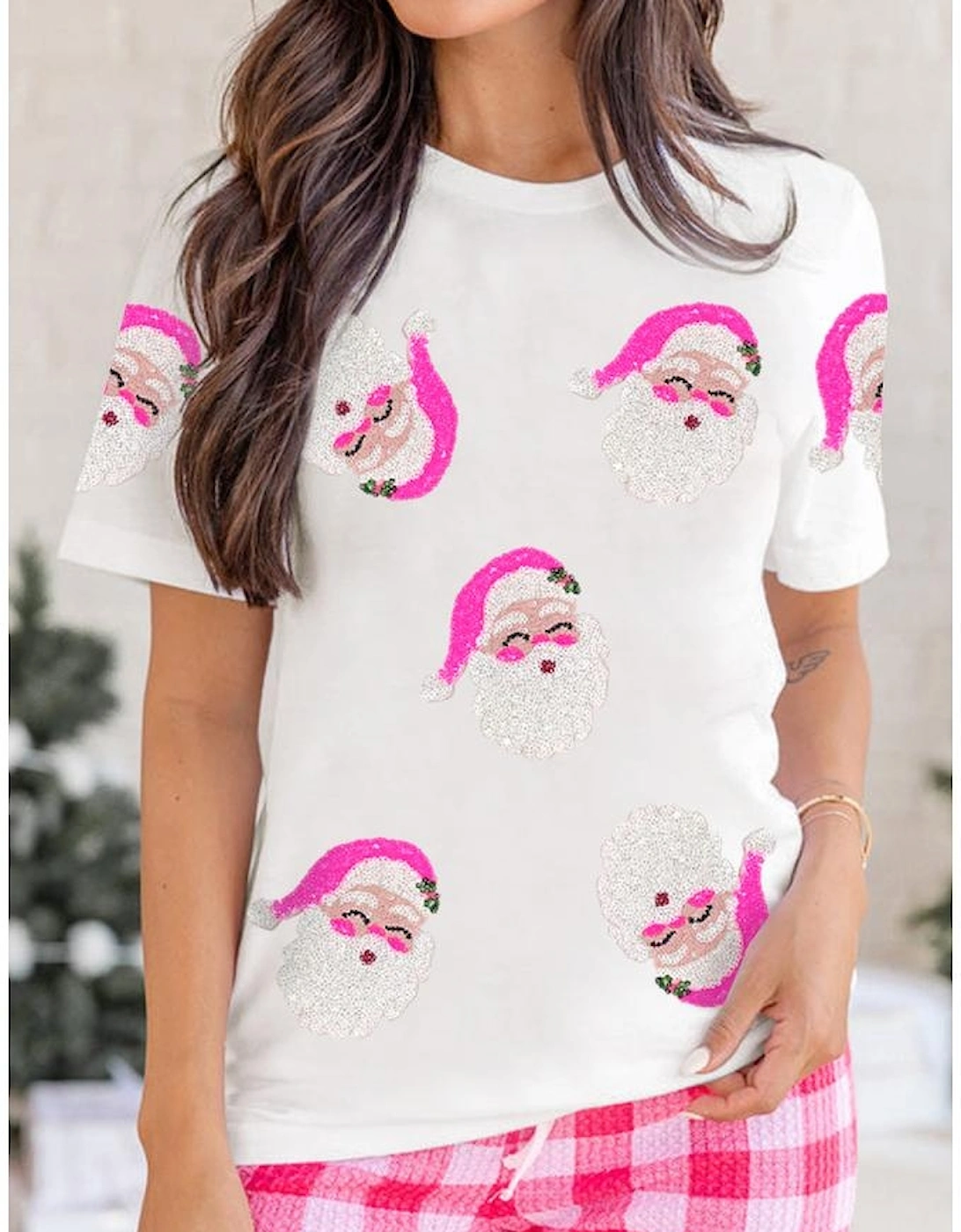 Azura Exchange White Sequin Santa Clause Pattern Funny Christmas T Shirt