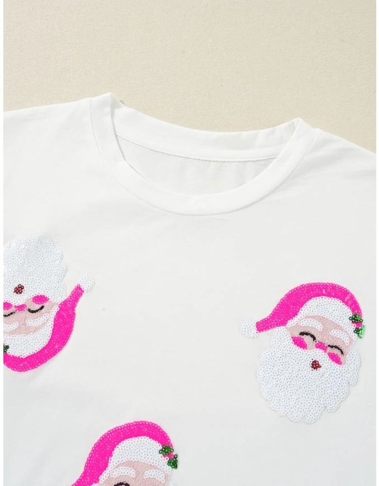 Azura Exchange White Sequin Santa Clause Pattern Funny Christmas T Shirt