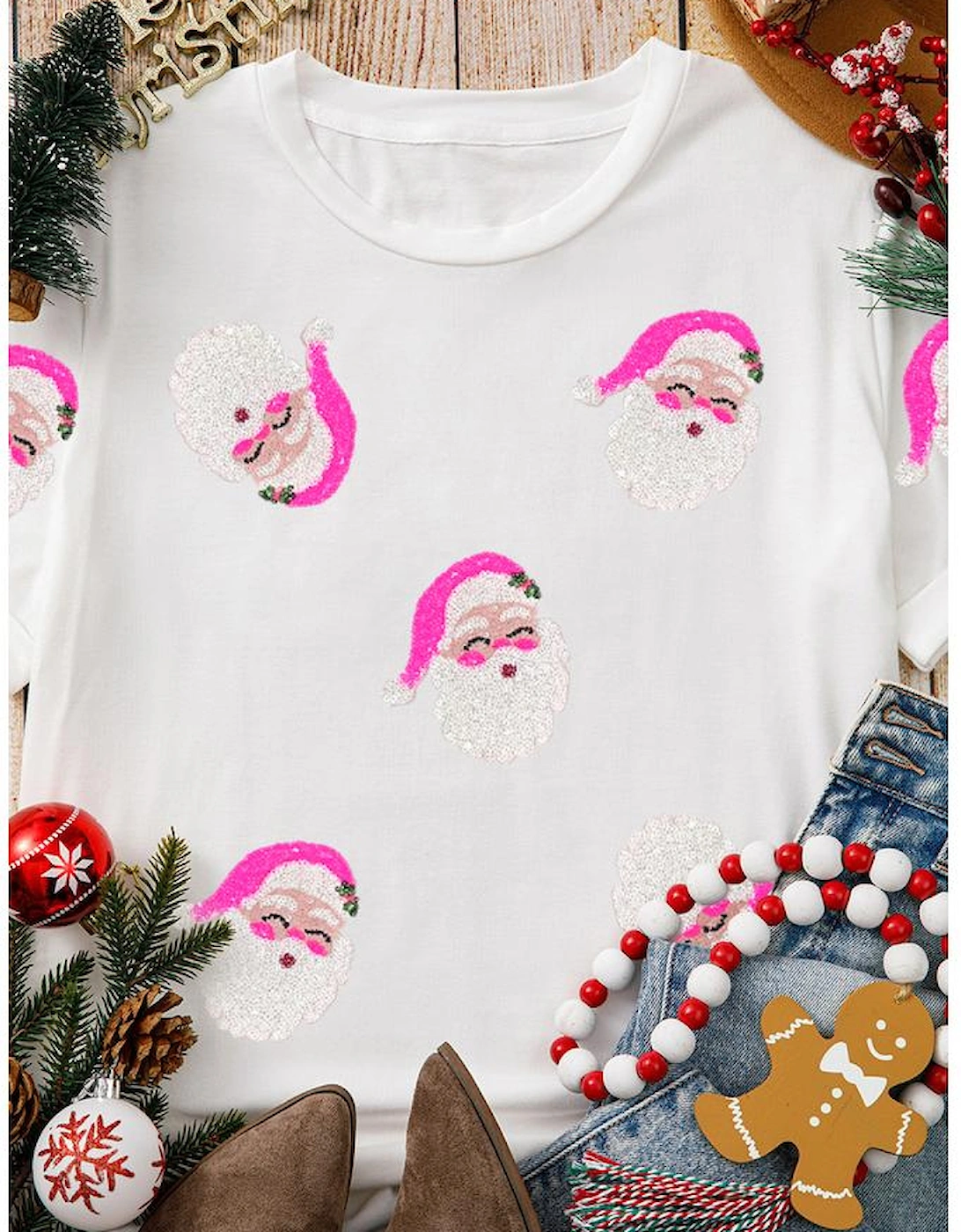 Azura Exchange White Sequin Santa Clause Pattern Funny Christmas T Shirt