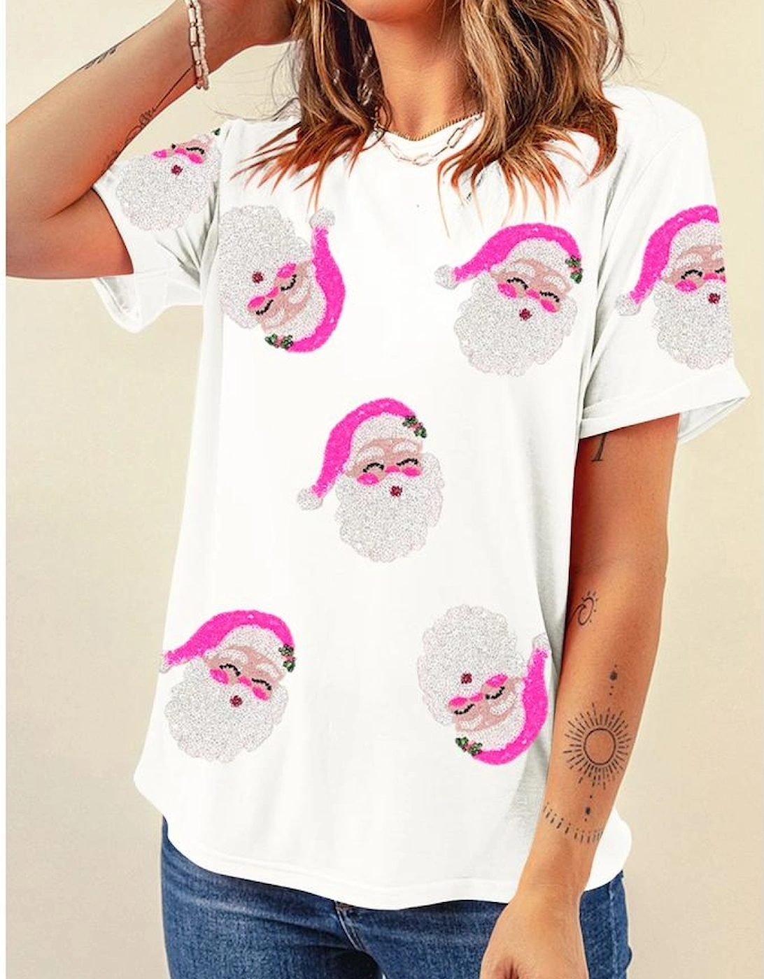 Azura Exchange White Sequin Santa Clause Pattern Funny Christmas T Shirt