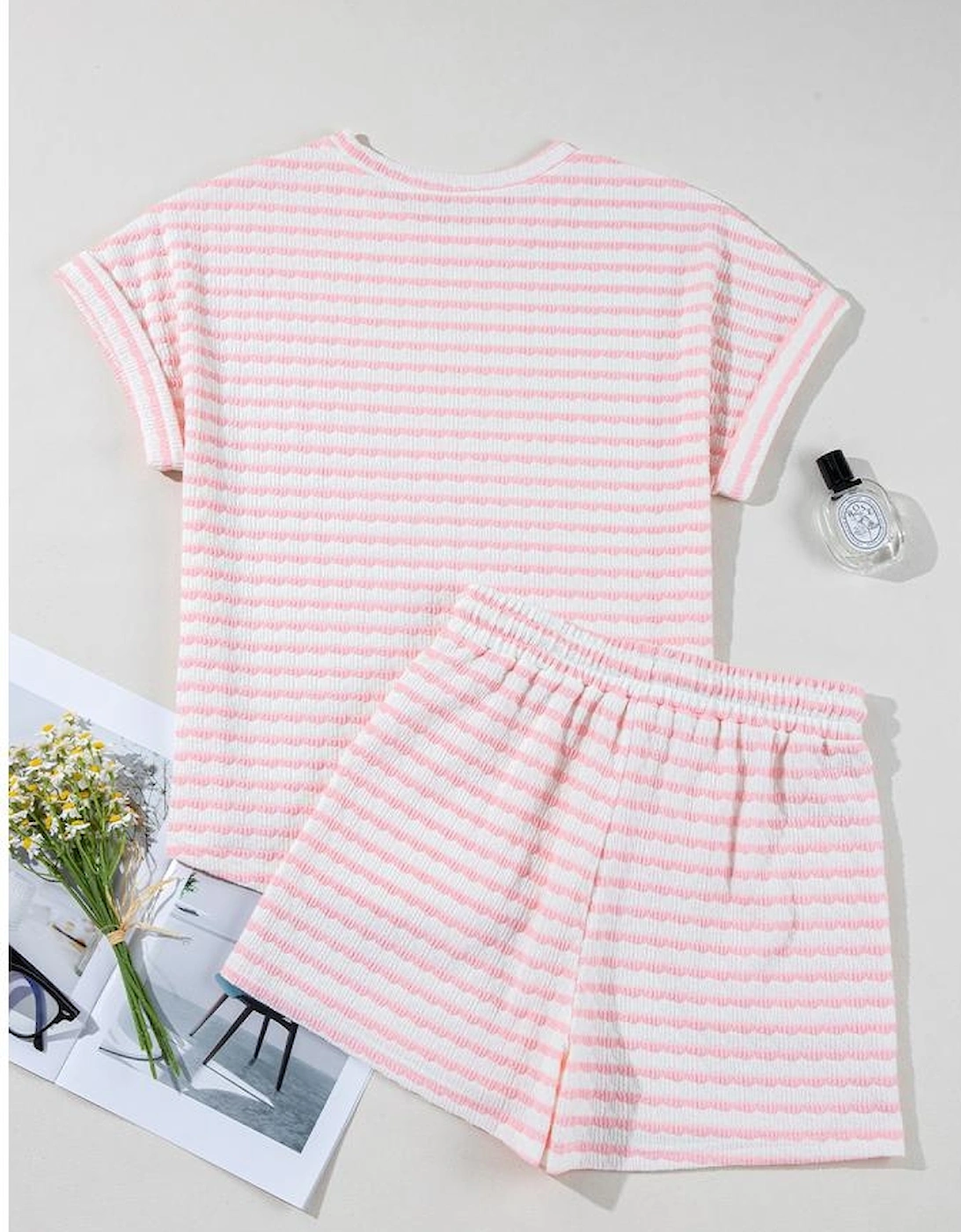 Pink Stripe Knitted Short Sleeve Top and Drawstring Shorts Set