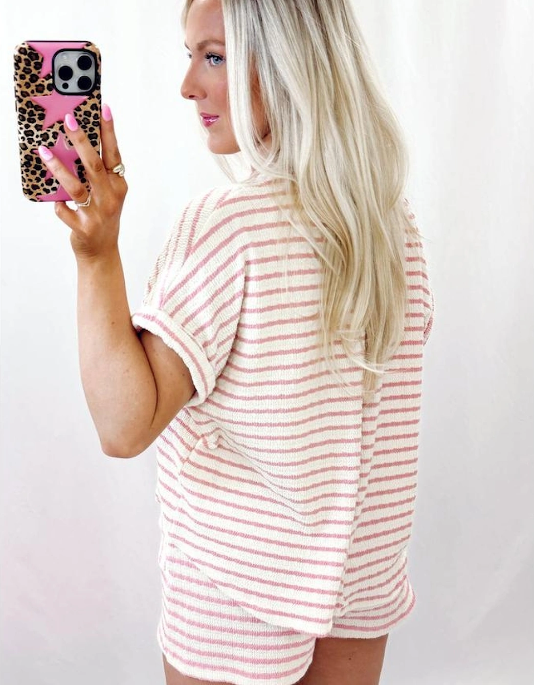 Pink Stripe Knitted Short Sleeve Top and Drawstring Shorts Set, 16 of 15