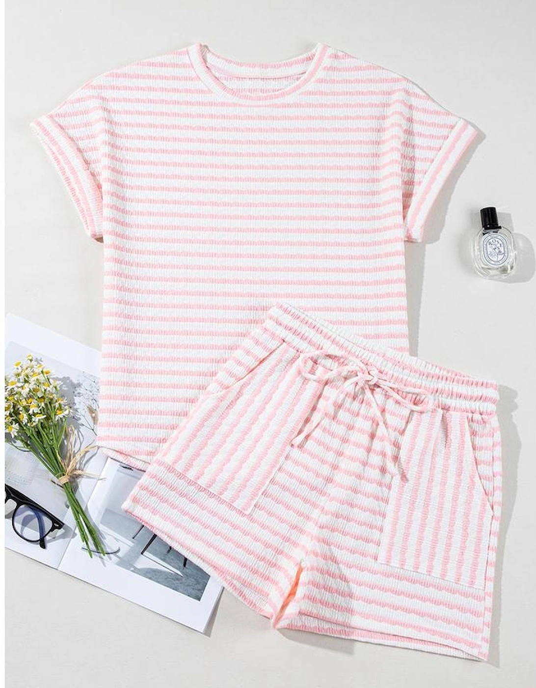 Pink Stripe Knitted Short Sleeve Top and Drawstring Shorts Set