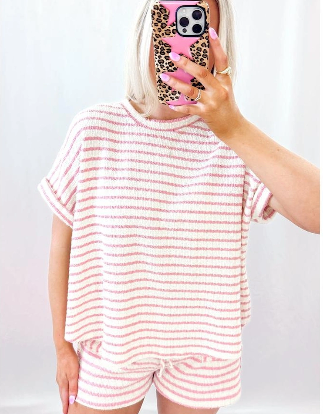 Pink Stripe Knitted Short Sleeve Top and Drawstring Shorts Set
