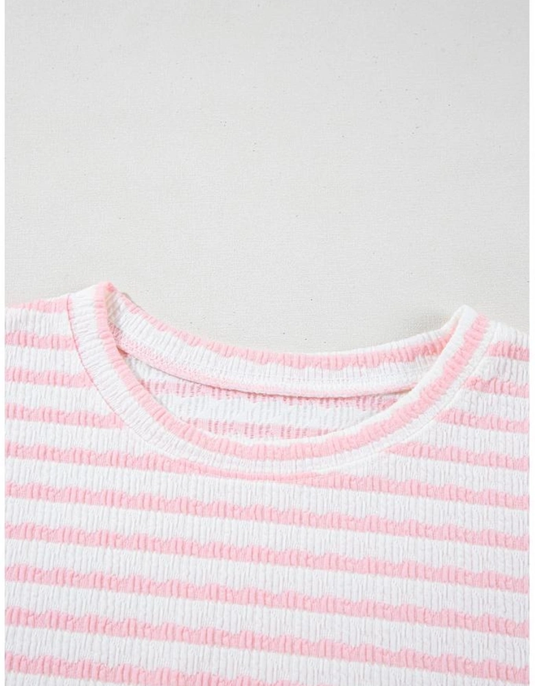 Pink Stripe Knitted Short Sleeve Top and Drawstring Shorts Set