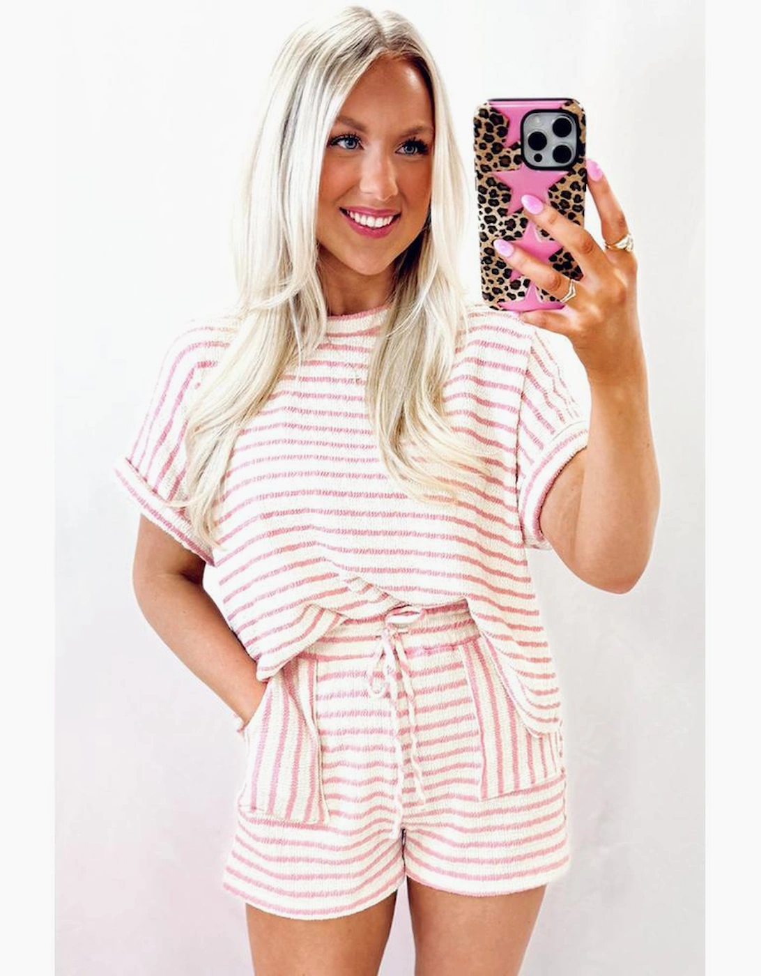 Pink Stripe Knitted Short Sleeve Top and Drawstring Shorts Set
