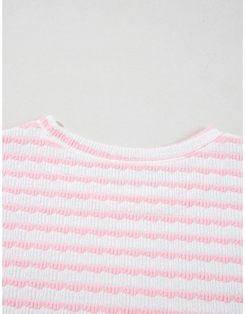 Pink Stripe Knitted Short Sleeve Top and Drawstring Shorts Set