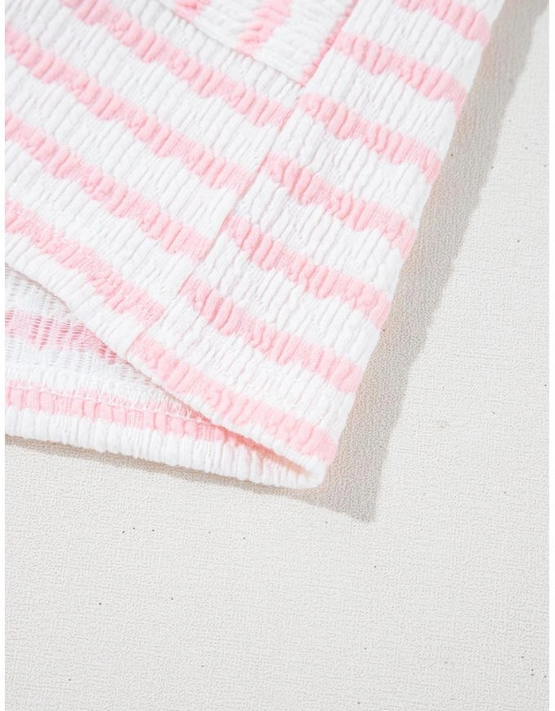 Pink Stripe Knitted Short Sleeve Top and Drawstring Shorts Set