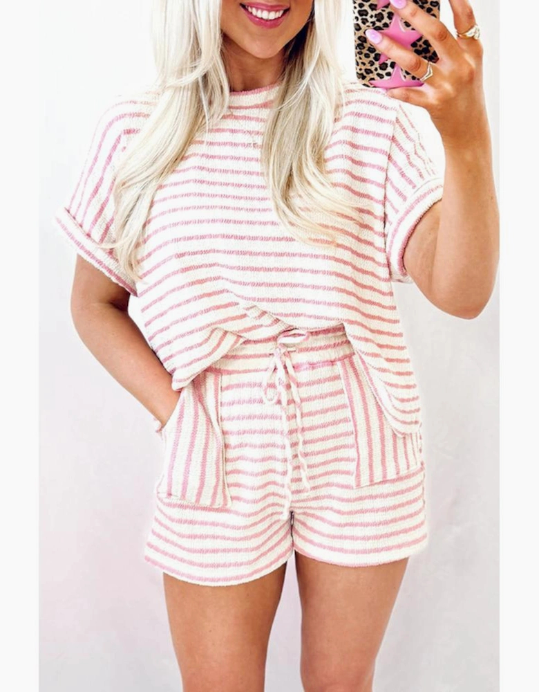 Pink Stripe Knitted Short Sleeve Top and Drawstring Shorts Set
