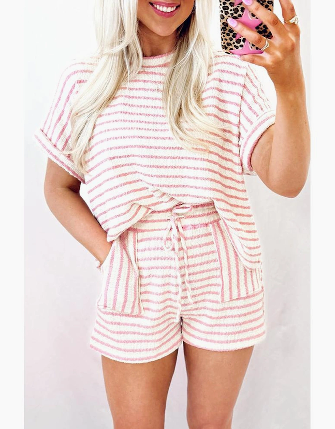 Pink Stripe Knitted Short Sleeve Top and Drawstring Shorts Set