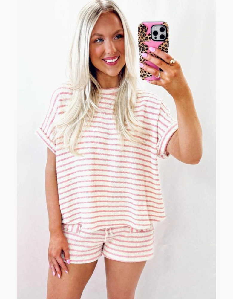 Pink Stripe Knitted Short Sleeve Top and Drawstring Shorts Set