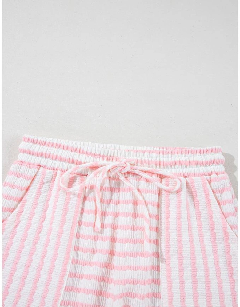 Pink Stripe Knitted Short Sleeve Top and Drawstring Shorts Set