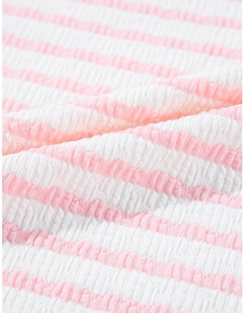 Pink Stripe Knitted Short Sleeve Top and Drawstring Shorts Set