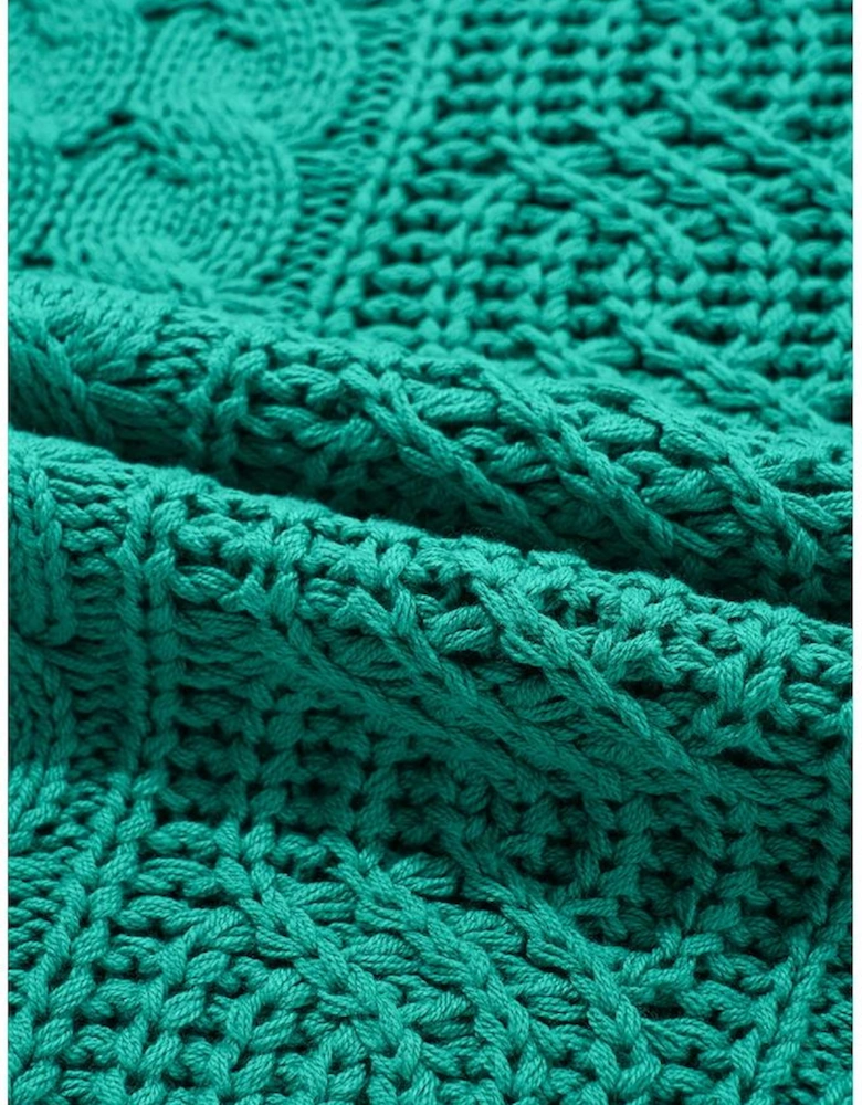 Sea Green Cable Knit V Neck Contrast Drawstring Hooded Sweater