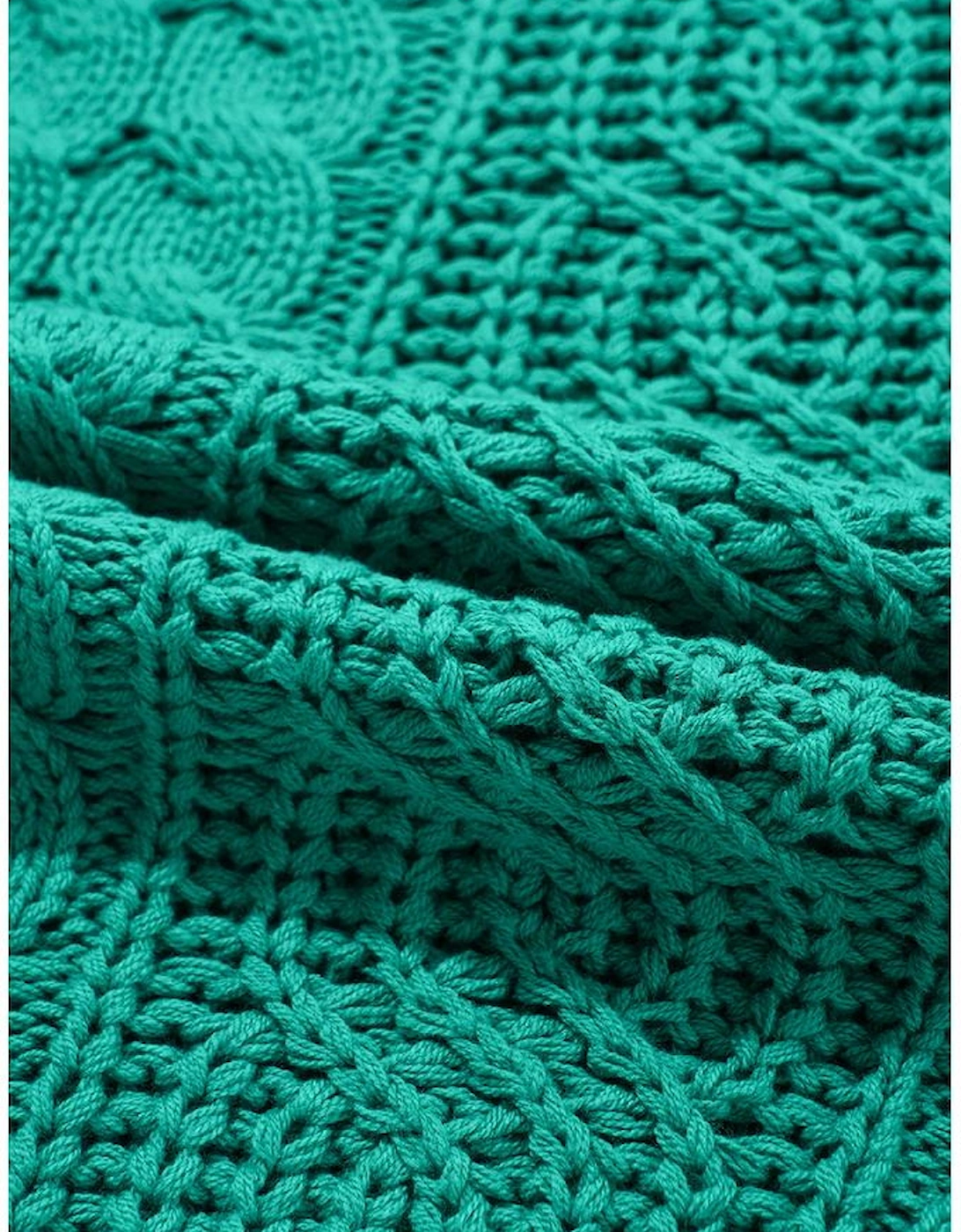 Sea Green Cable Knit V Neck Contrast Drawstring Hooded Sweater