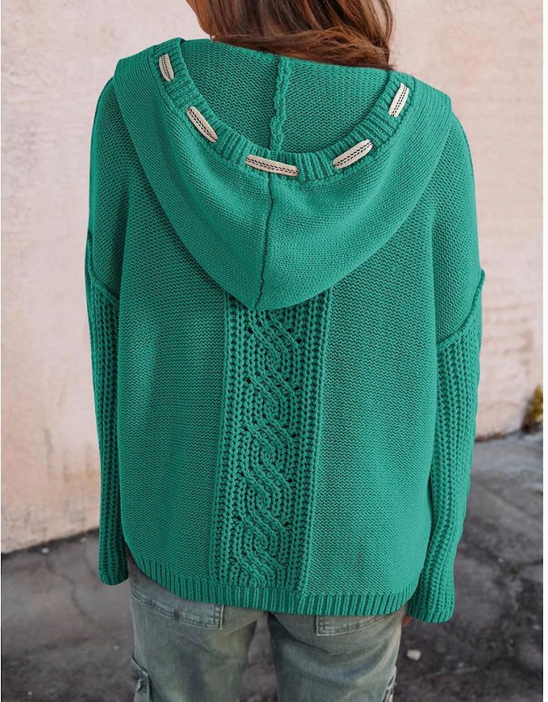 Sea Green Cable Knit V Neck Contrast Drawstring Hooded Sweater, 14 of 13