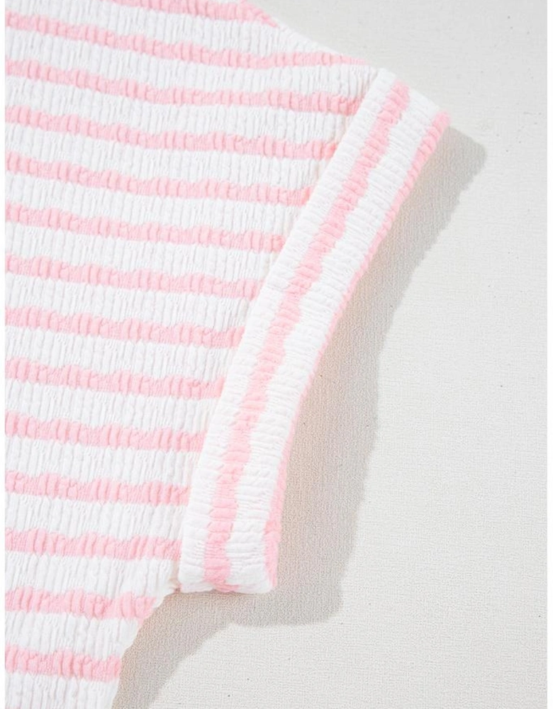 Pink Stripe Knitted Short Sleeve Top and Drawstring Shorts Set