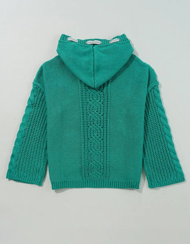 Sea Green Cable Knit V Neck Contrast Drawstring Hooded Sweater
