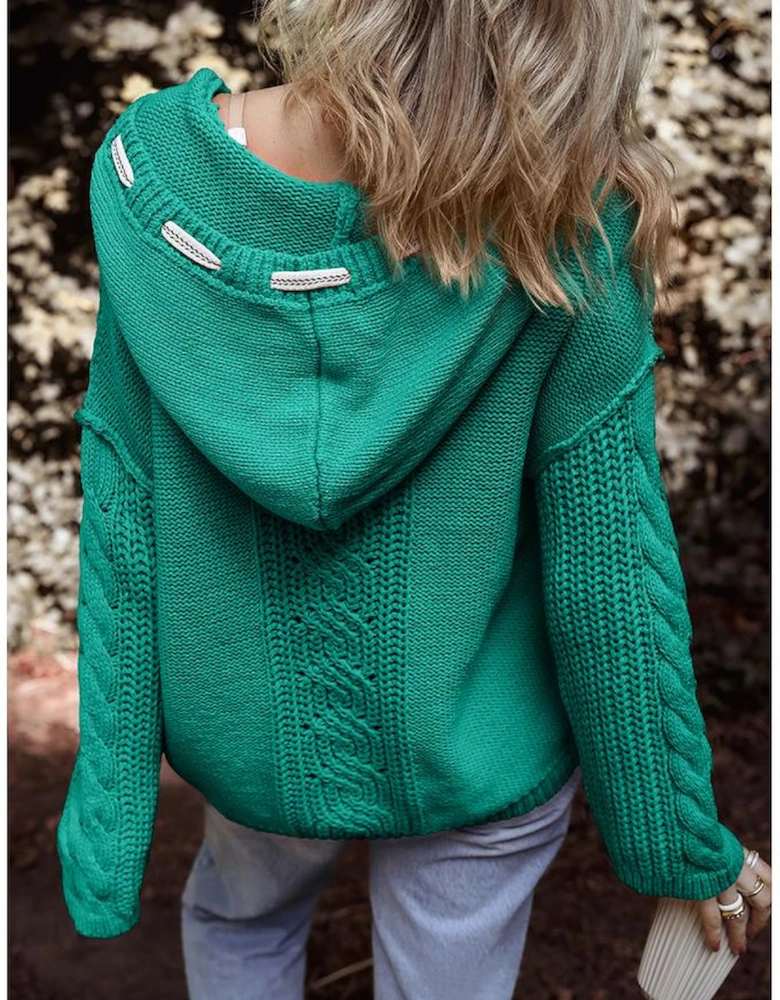 Sea Green Cable Knit V Neck Contrast Drawstring Hooded Sweater