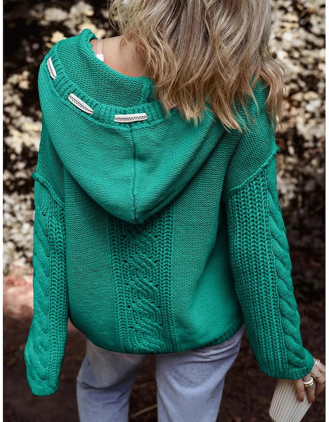 Sea Green Cable Knit V Neck Contrast Drawstring Hooded Sweater