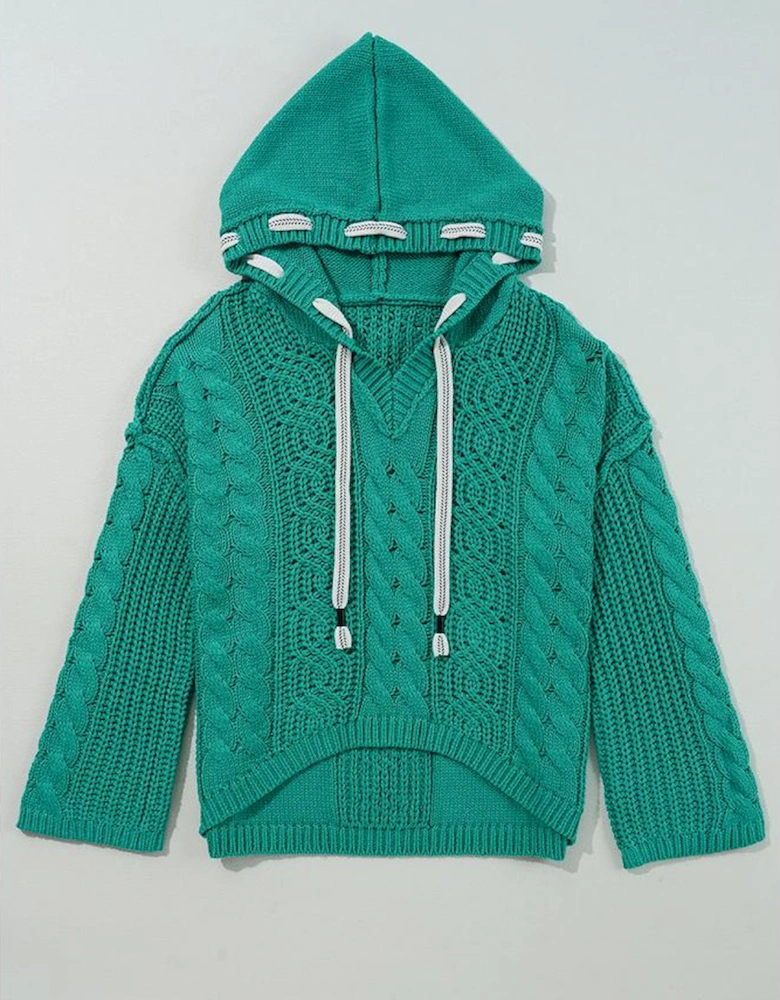 Sea Green Cable Knit V Neck Contrast Drawstring Hooded Sweater