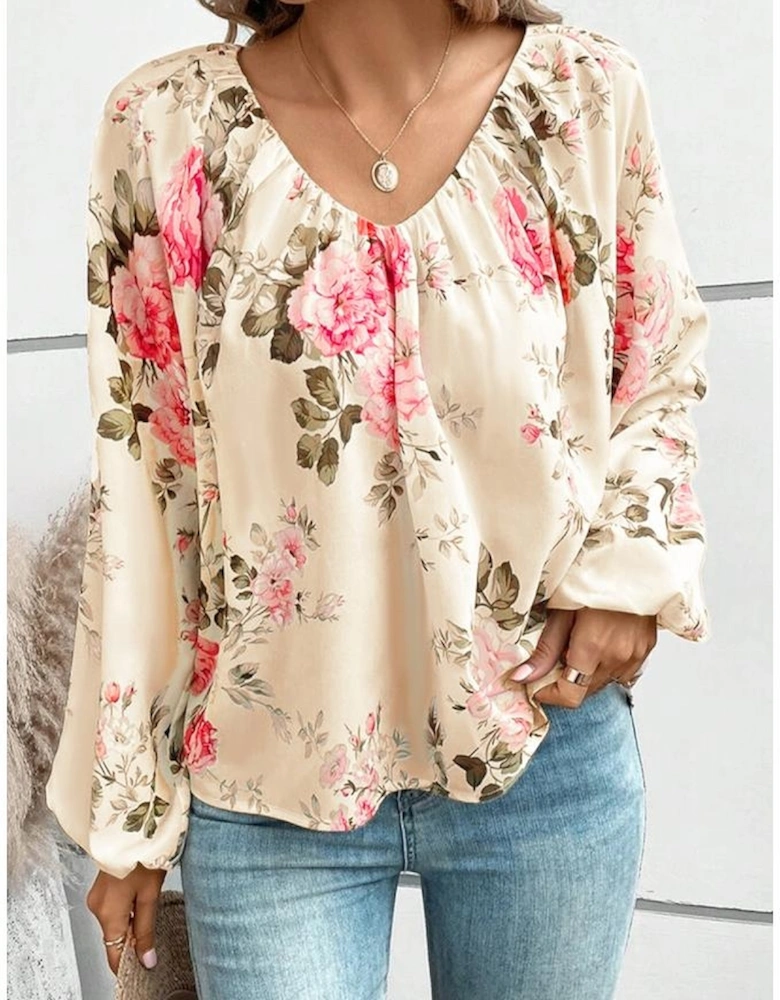 Beige Floral Print Lantern Sleeve V-Neck Blouse
