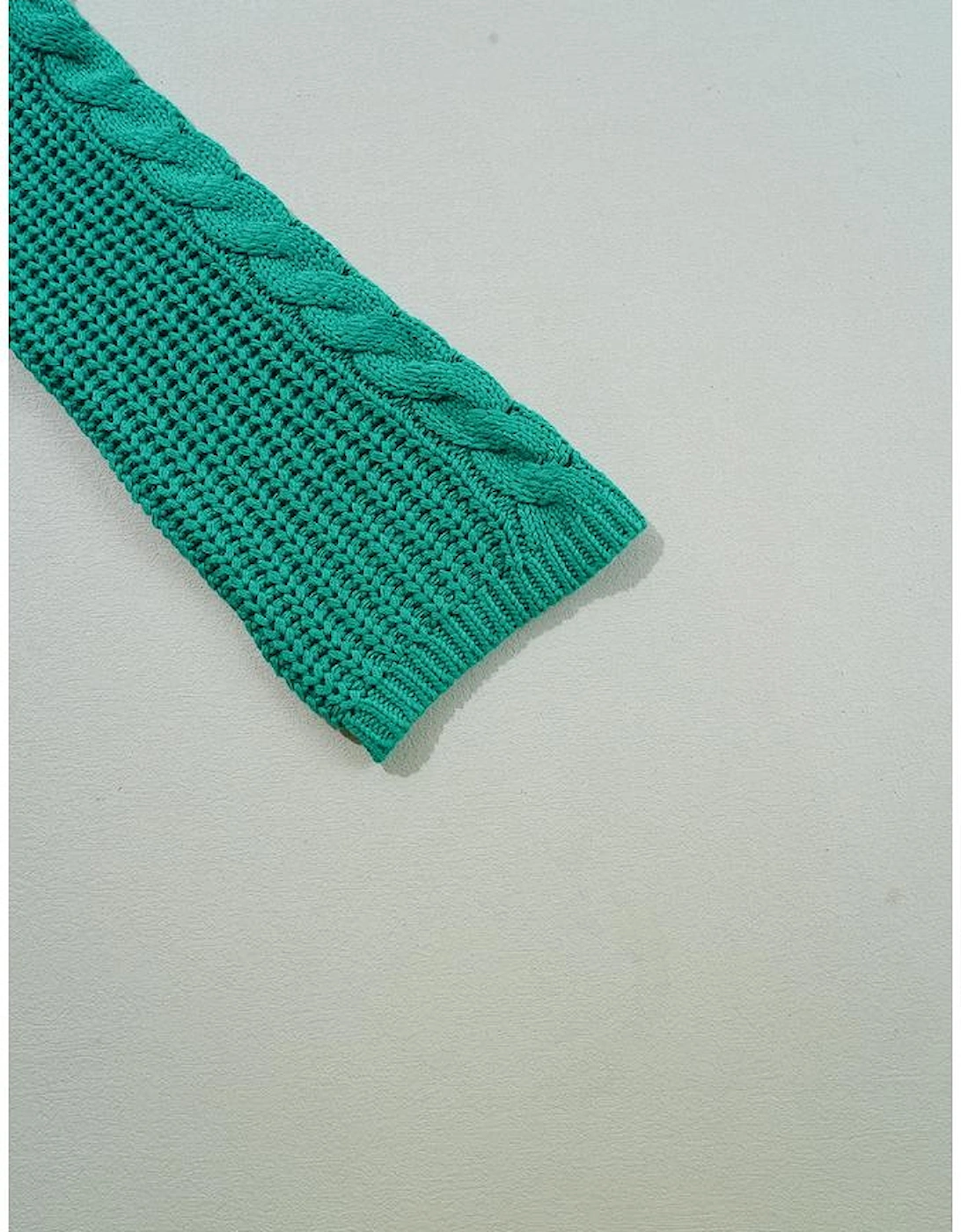 Sea Green Cable Knit V Neck Contrast Drawstring Hooded Sweater