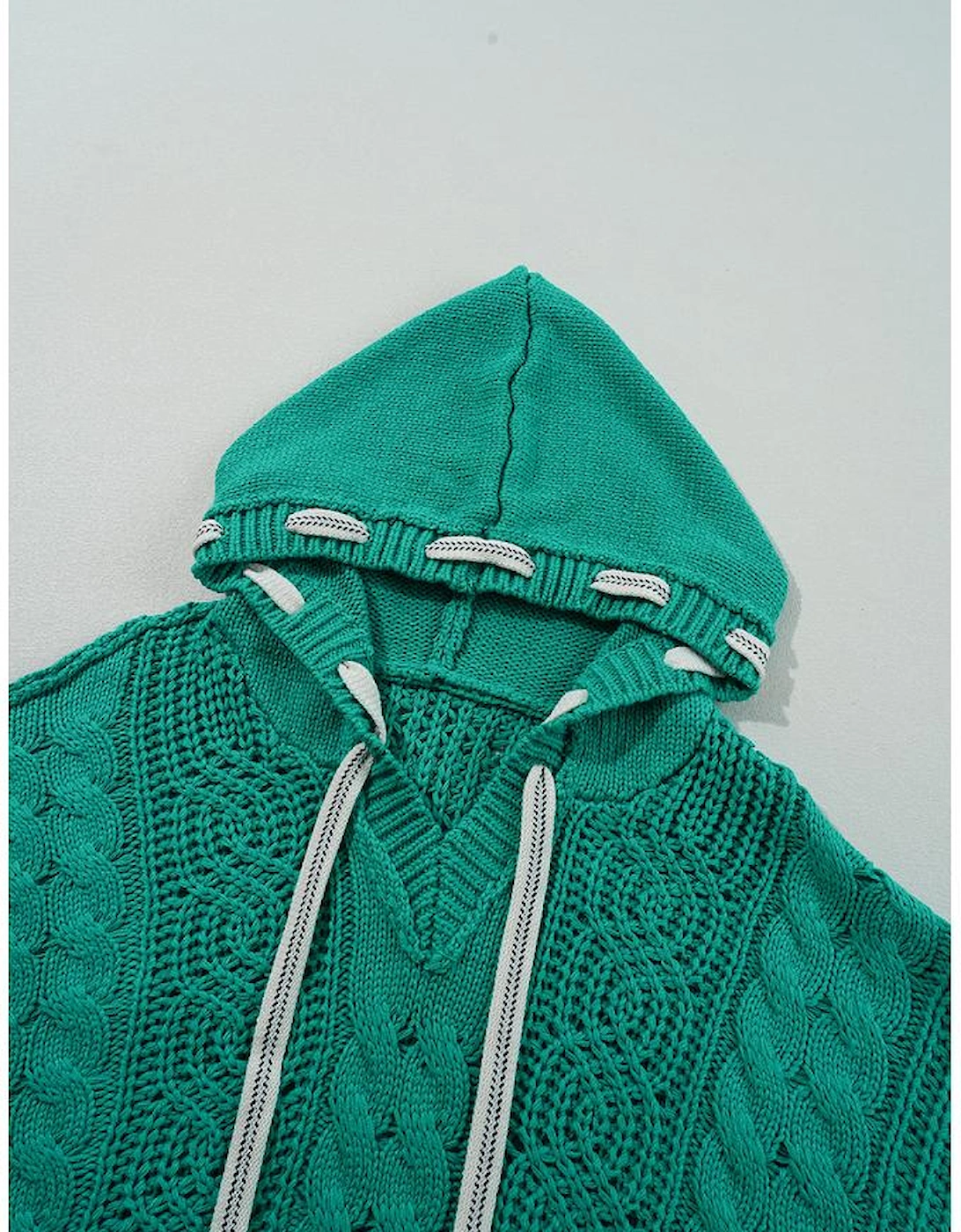 Sea Green Cable Knit V Neck Contrast Drawstring Hooded Sweater