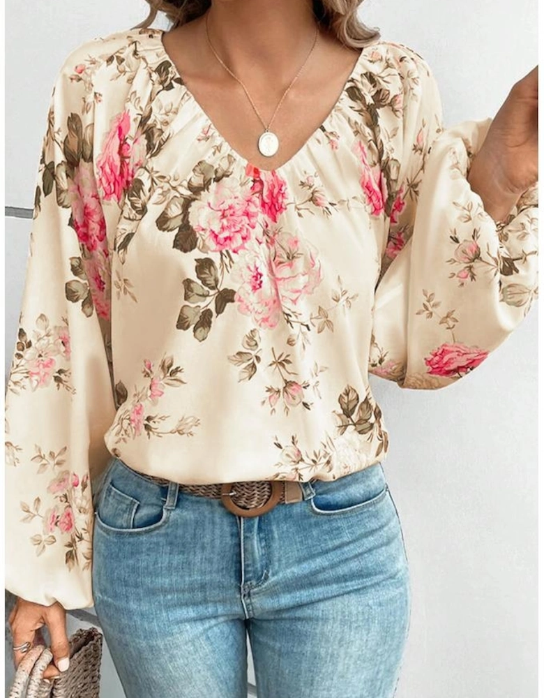 Beige Floral Print Lantern Sleeve V-Neck Blouse