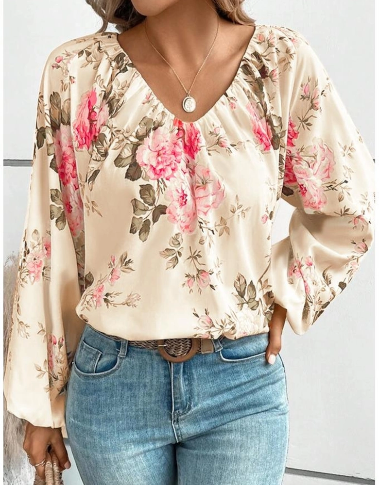 Beige Floral Print Lantern Sleeve V-Neck Blouse